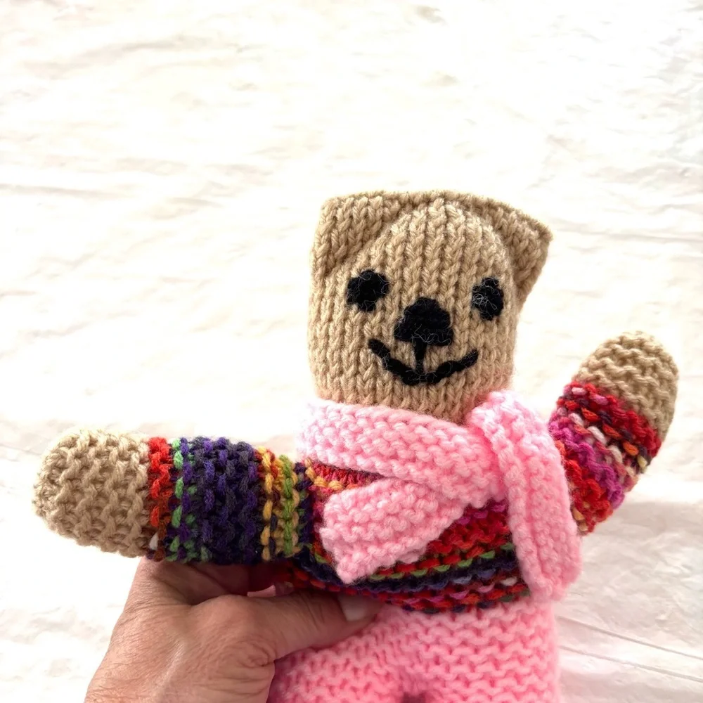 Hand Knitted Pink & Multicolor Teddy Bear Handmade. New
